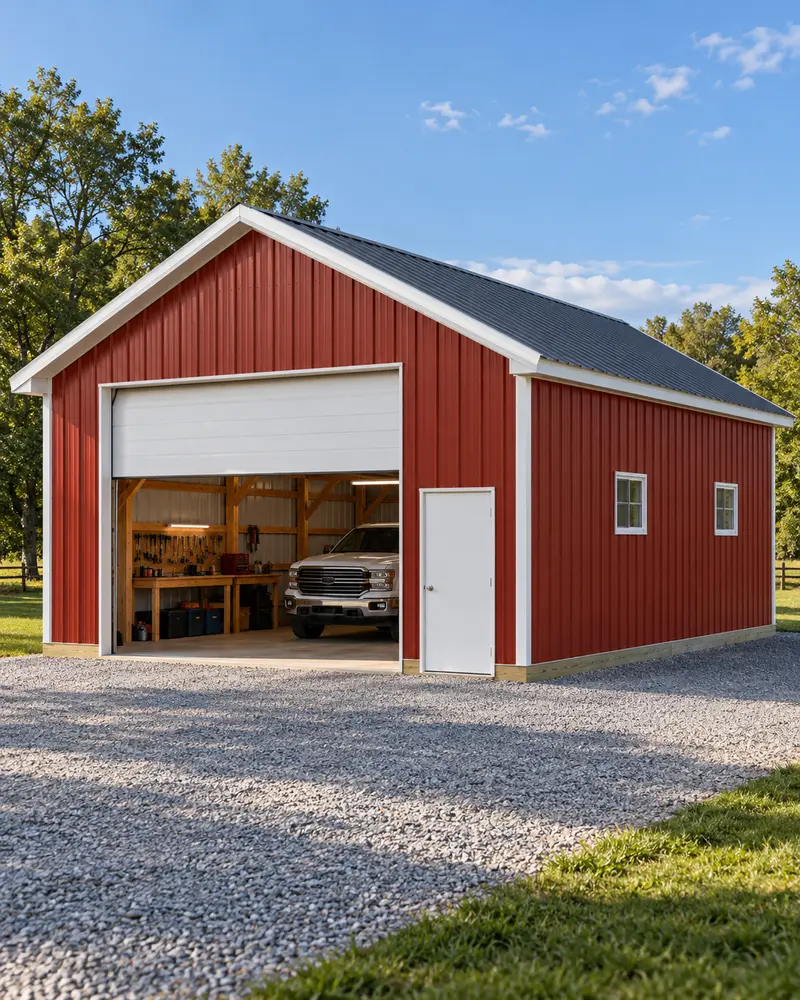 A red pole barn garage with its overhead door open on a workbench and a pickup, a walk door beside it