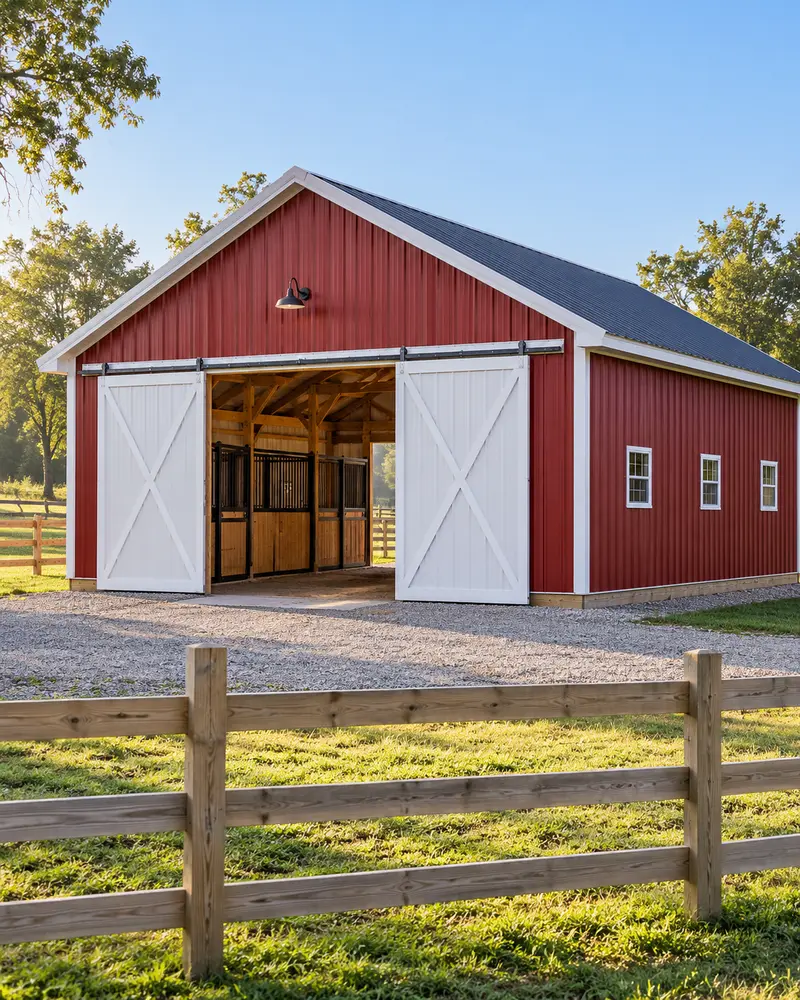 A red horse barn with white sliding doors open on the center aisle and the stall fronts, a paddock fence in front