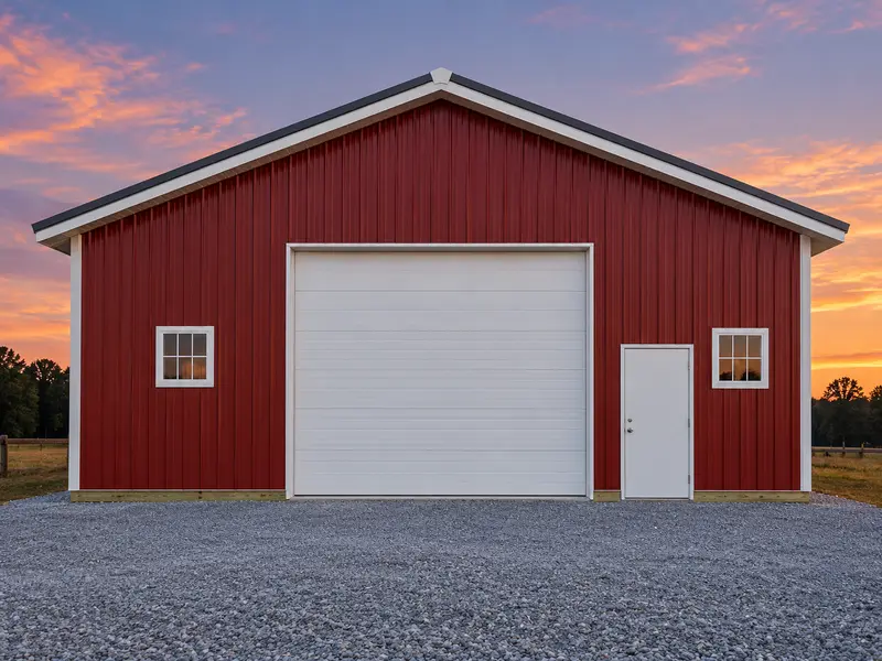 The gable end of a red pole barn with a white overhead door, a walk door and two windows at sunset