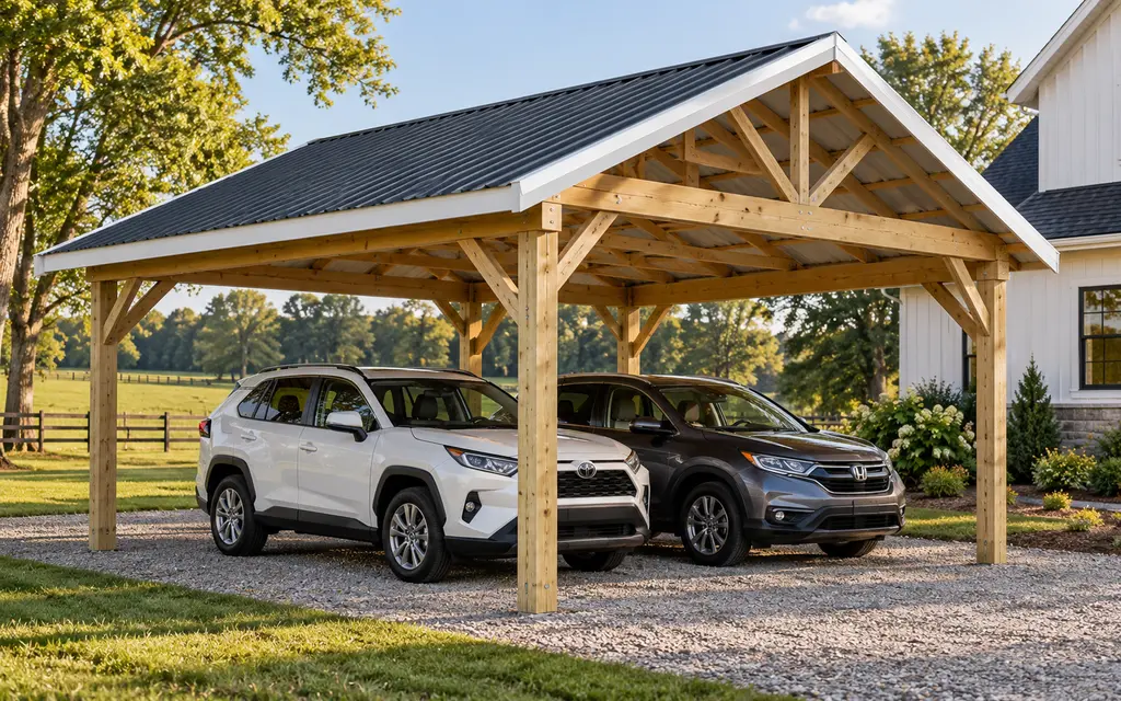 An open pole carport with knee-braced posts and a charcoal steel roof over two cars, a house behind