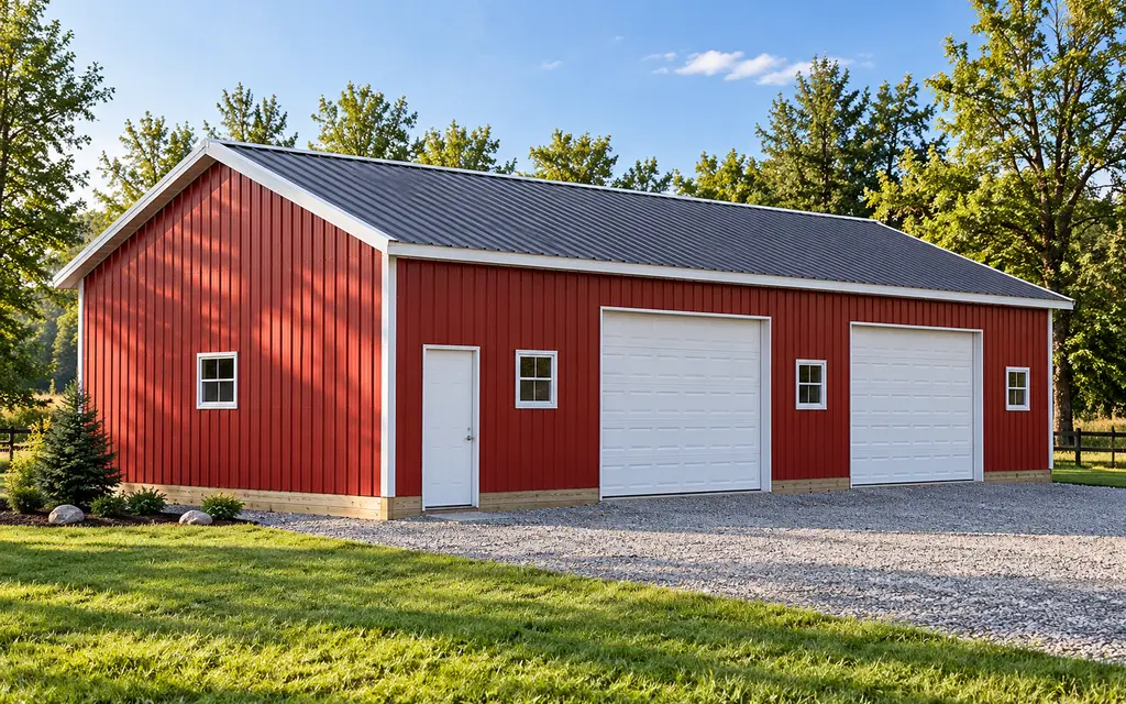 A red pole barn garage with two white overhead doors, a walk door and windows on the long side