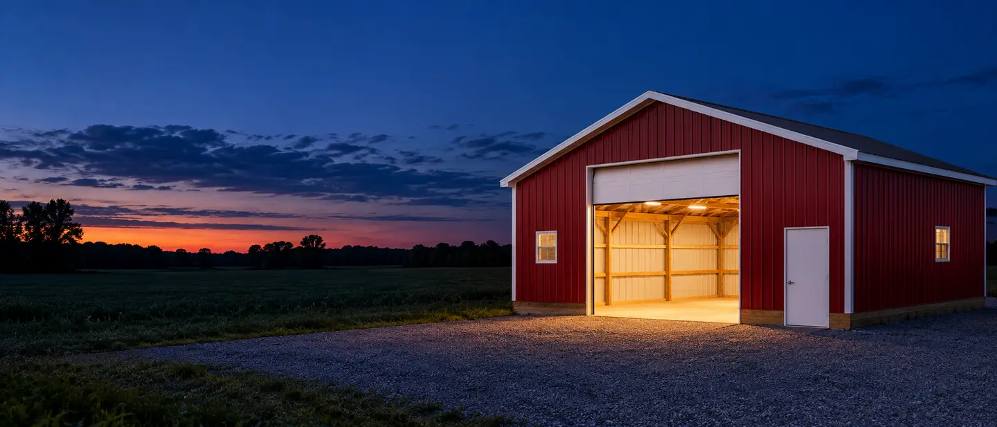 A red pole barn at dusk with its overhead door open and light falling on the gravel apron