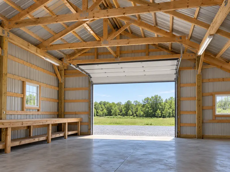 Inside a new pole barn: trusses, girts and a workbench, the overhead door open on a field