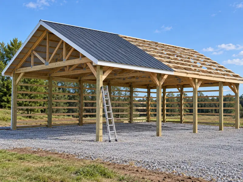 A pole barn frame with girts and part of the roof steel on, a ladder against a post
