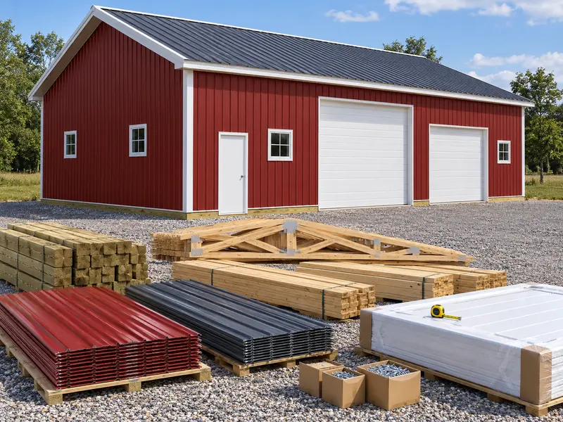 A red pole barn with two overhead doors, the trusses, lumber and steel panels stacked in front