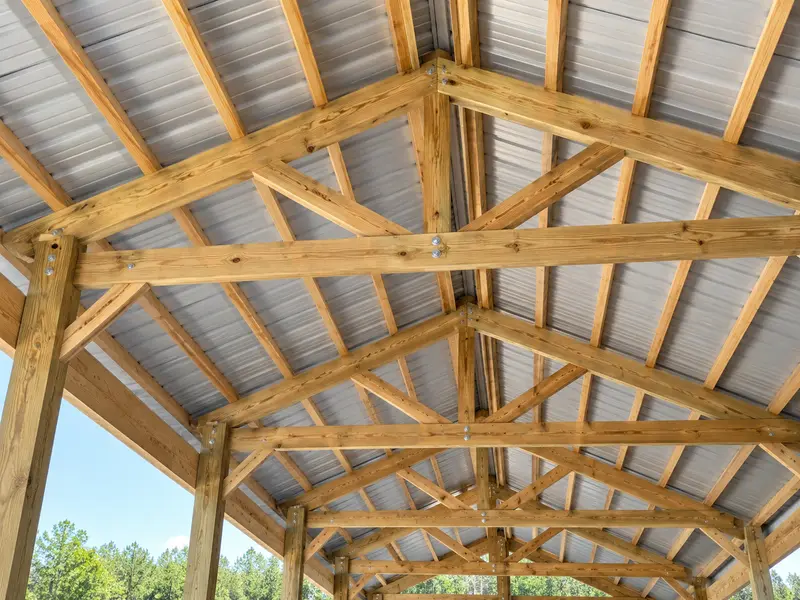 Looking up at wood trusses on the posts, purlins and the steel roof above