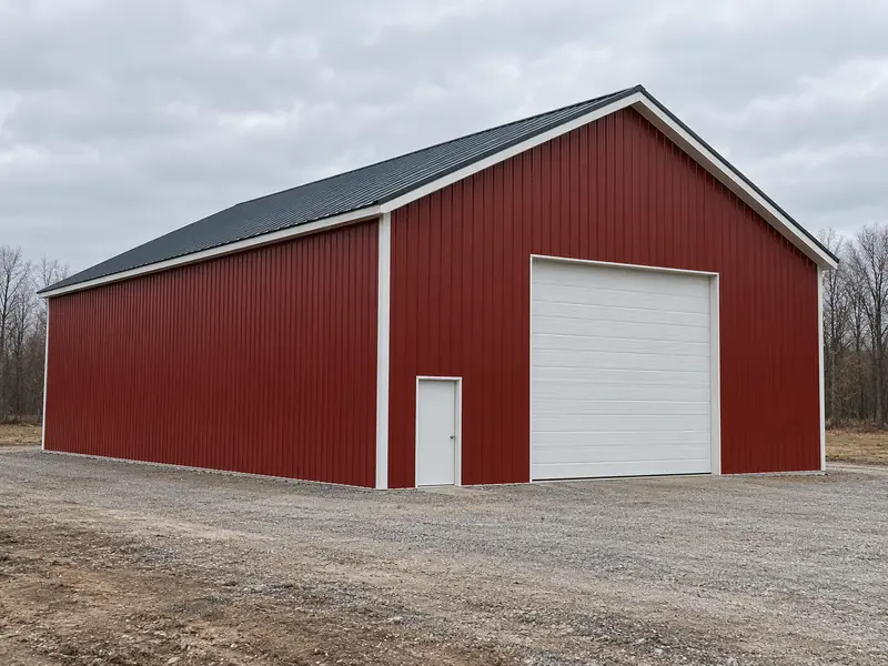 A large red post-frame shell with tall walls, a white overhead door and a walk door on a freshly graded lot, not yet a home