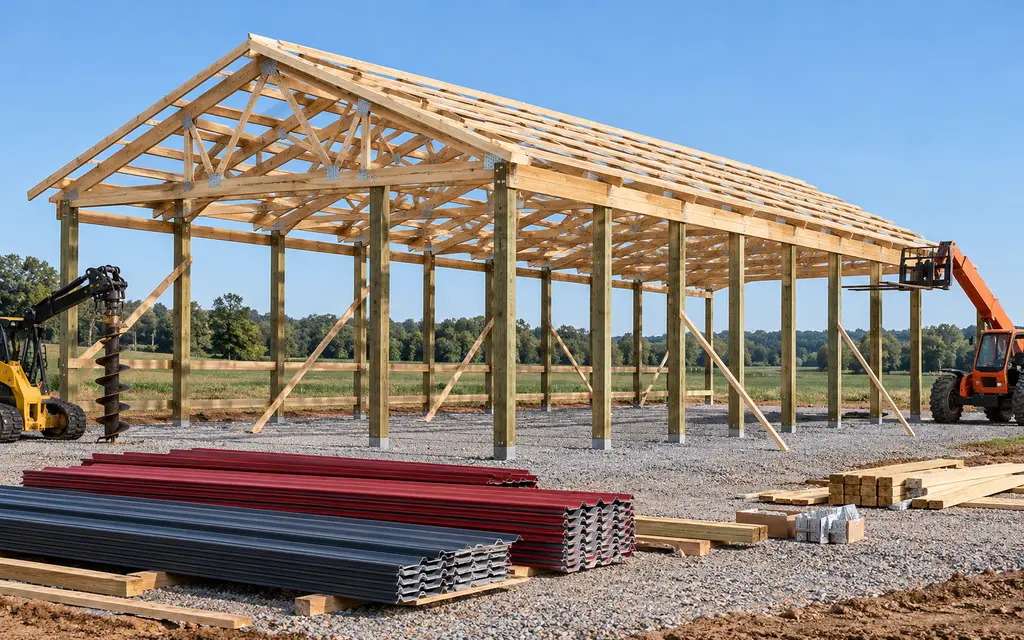 A pole barn frame going up: posts, trusses and purlins, steel panels stacked on the gravel and an auger nearby