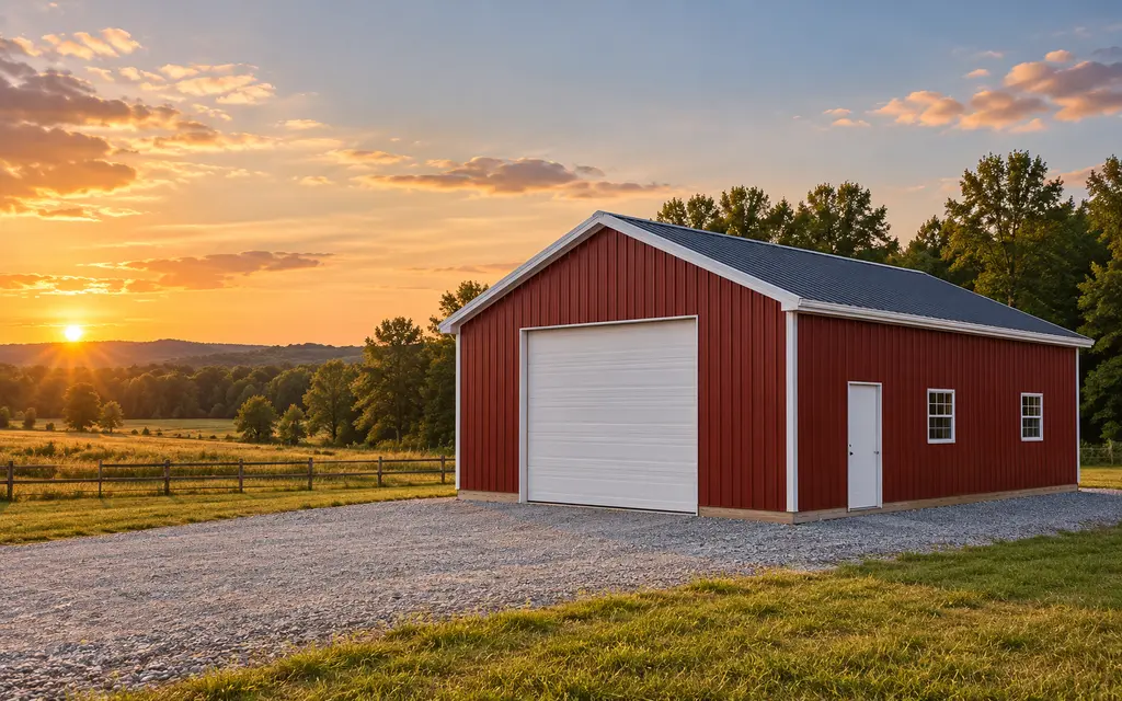 A red steel pole barn garage with a charcoal roof, a white overhead door, a walk door and two windows, on a gravel drive at sunset