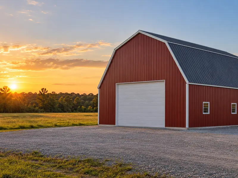 A red gambrel barn with a steep lower roof, a shallower upper roof, a white overhead door on the gable end and small windows on the side, at sunset
