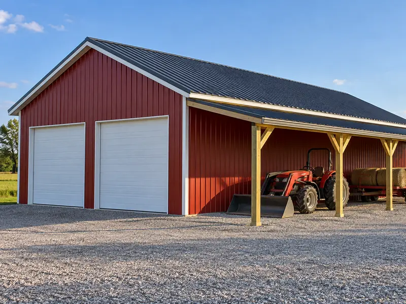 A red pole barn with an open lean-to along its side wall on wood posts with knee braces, a tractor and a hay wagon under it
