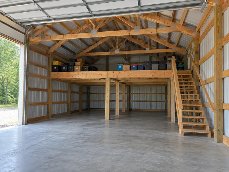 Inside a post-frame building: a storage loft over the back on beams and posts, a wooden stair along the side wall, bins on the loft
