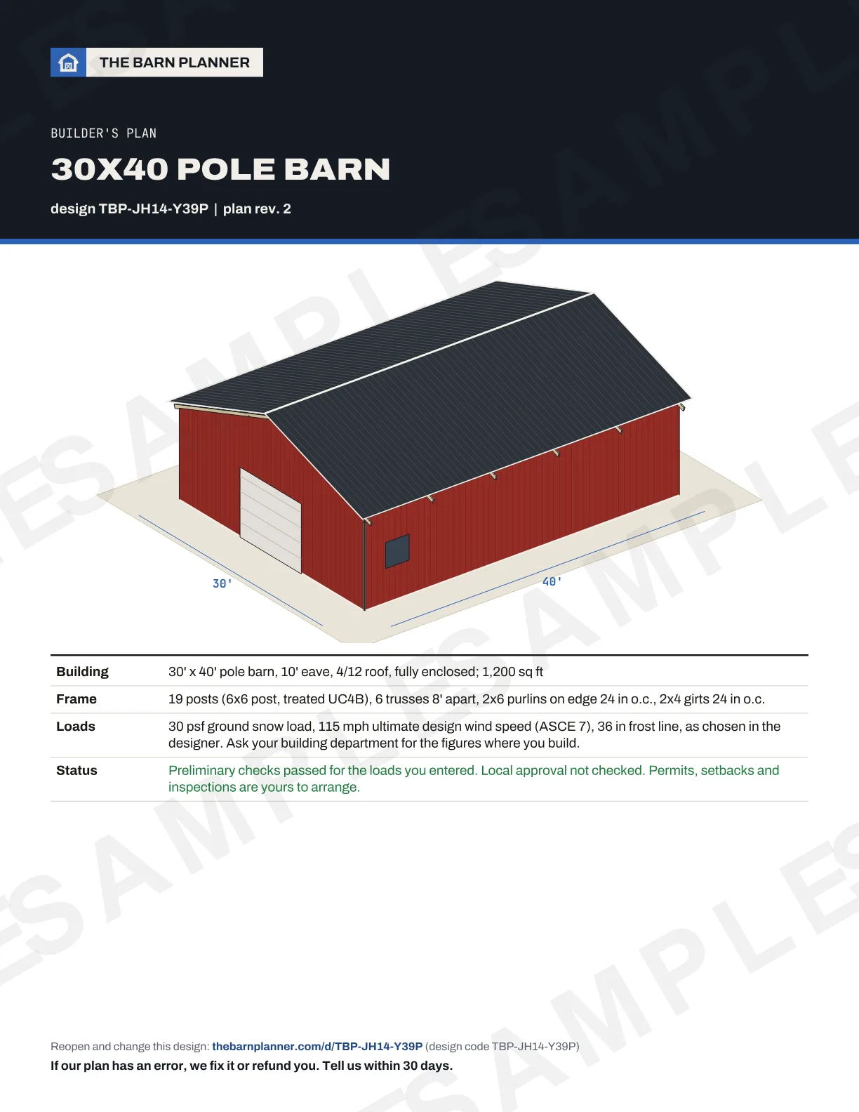 The cover sheet of the builder's plan for the 30x40 pole barn